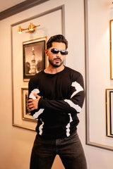 Drip Black With White Knitted Cotton Full Sleeves T-Shirt