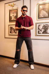 Mornik Maroon Knitted Cotton Polo T-Shirt