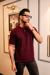 Mornik Maroon Knitted Cotton Polo T-Shirt