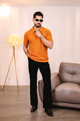 Mornik Mustard Brown Knitted Cotton Polo T-Shirt