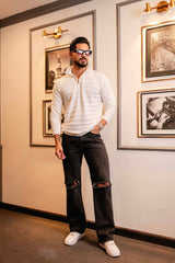 Tulips White Knitted Cotton Zipper Polo Full Sleeves T-Shirt