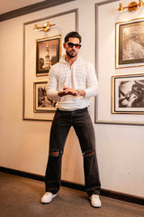 Tulips White Knitted Cotton Zipper Polo Full Sleeves T-Shirt