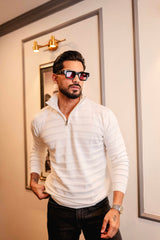 Tulips White Knitted Cotton Zipper Polo Full Sleeves T-Shirt