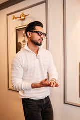 Tulips White Knitted Cotton Zipper Polo Full Sleeves T-Shirt