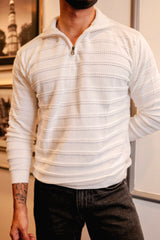 Tulips White Knitted Cotton Zipper Polo Full Sleeves T-Shirt