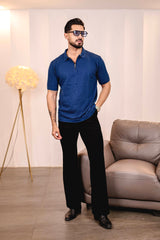 Arden Blue Knitted Cotton Zipper Polo T-Shirt