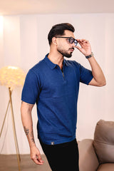 Arden Blue Knitted Cotton Zipper Polo T-Shirt