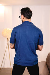 Arden Blue Knitted Cotton Zipper Polo T-Shirt