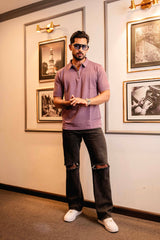 Arden Onion Purple Knitted Cotton Zipper Polo T-Shirt