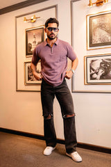 Arden Onion Purple Knitted Cotton Zipper Polo T-Shirt