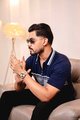 Aster Navyblue Knitted Cotton Zipper Polo T-Shirt