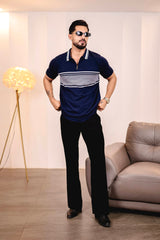 Aster Navyblue Knitted Cotton Zipper Polo T-Shirt