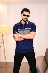 Aster Navyblue Knitted Cotton Zipper Polo T-Shirt