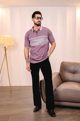 Aster Iris Purple Knitted Cotton Zipper Polo T-Shirt