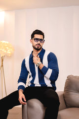 Elipsian Blue Knitted Cotton Zipper Polo Full Sleeves T-Shirt