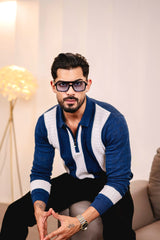 Elipsian Blue Knitted Cotton Zipper Polo Full Sleeves T-Shirt