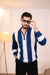 Elipsian Blue Knitted Cotton Zipper Polo Full Sleeves T-Shirt