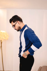 Elipsian Blue Knitted Cotton Zipper Polo Full Sleeves T-Shirt