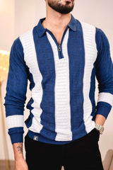 Elipsian Blue Knitted Cotton Zipper Polo Full Sleeves T-Shirt