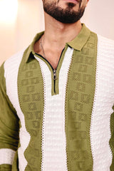 Elipsian Light Olive Knitted Cotton Zipper Polo Full Sleeves T-Shirt