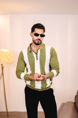 Elipsian Light Olive Knitted Cotton Zipper Polo Full Sleeves T-Shirt