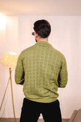Elipsian Light Olive Knitted Cotton Zipper Polo Full Sleeves T-Shirt