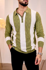 Elipsian Light Olive Knitted Cotton Zipper Polo Full Sleeves T-Shirt