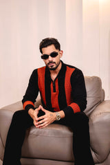 Elipsian Black Knitted Cotton Zipper Polo Full Sleeves T-Shirt