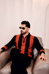 Elipsian Black Knitted Cotton Zipper Polo Full Sleeves T-Shirt