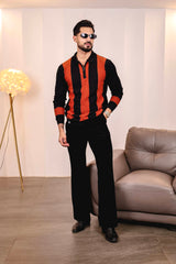 Elipsian Black Knitted Cotton Zipper Polo Full Sleeves T-Shirt