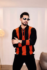 Elipsian Black Knitted Cotton Zipper Polo Full Sleeves T-Shirt