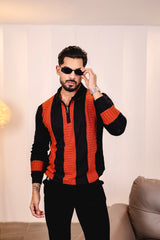 Elipsian Black Knitted Cotton Zipper Polo Full Sleeves T-Shirt