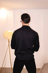 Elipsian Black Knitted Cotton Zipper Polo Full Sleeves T-Shirt