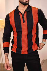 Elipsian Black Knitted Cotton Zipper Polo Full Sleeves T-Shirt