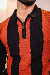 Elipsian Black Knitted Cotton Zipper Polo Full Sleeves T-Shirt