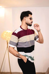 Mirage Maroon Multicolour Knitted Cotton T-Shirt
