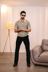 Vellin Cream With black Knitted Cotton Polo T-Shirt