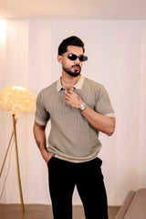 Vellin Cream With black Knitted Cotton Polo T-Shirt