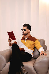 Julius Brown Multicolour Knitted Cotton Zipper Polo Full Sleeves T-Shirt