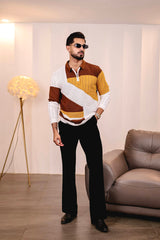 Julius Brown Multicolour Knitted Cotton Zipper Polo Full Sleeves T-Shirt