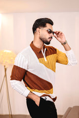Julius Brown Multicolour Knitted Cotton Zipper Polo Full Sleeves T-Shirt