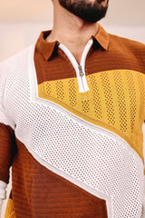 Julius Brown Multicolour Knitted Cotton Zipper Polo Full Sleeves T-Shirt