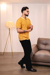 Crosian Yellow Knitted Cotton Polo T-Shirt
