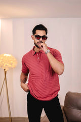 Reddish Pink Knitted Cotton Polo T-Shirt