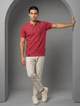 Merine Carrot Red Knitted Cotton Polo T-Shirt