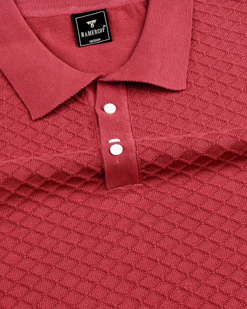 Merine Carrot Red Knitted Cotton Polo T-Shirt