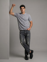 Merine Steel Gray Knitted Cotton Polo T-Shirt