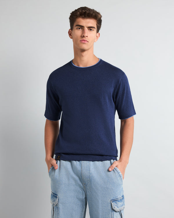 Thunder NavyBlue Melange Knitted Cotton T-Shirt