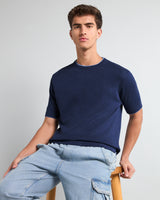 Thunder NavyBlue Melange Knitted Cotton T-Shirt