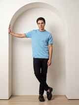 Thunder Aqua Blue Melange Knitted Cotton T-Shirt